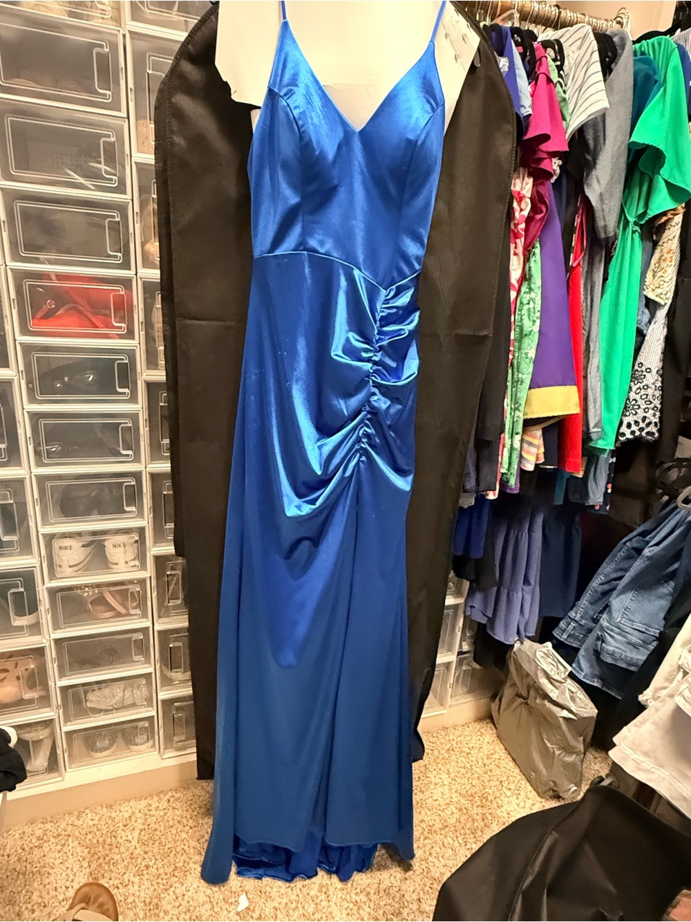 Jovani Royal Blue Satin Maxi Dress with Ruched Side